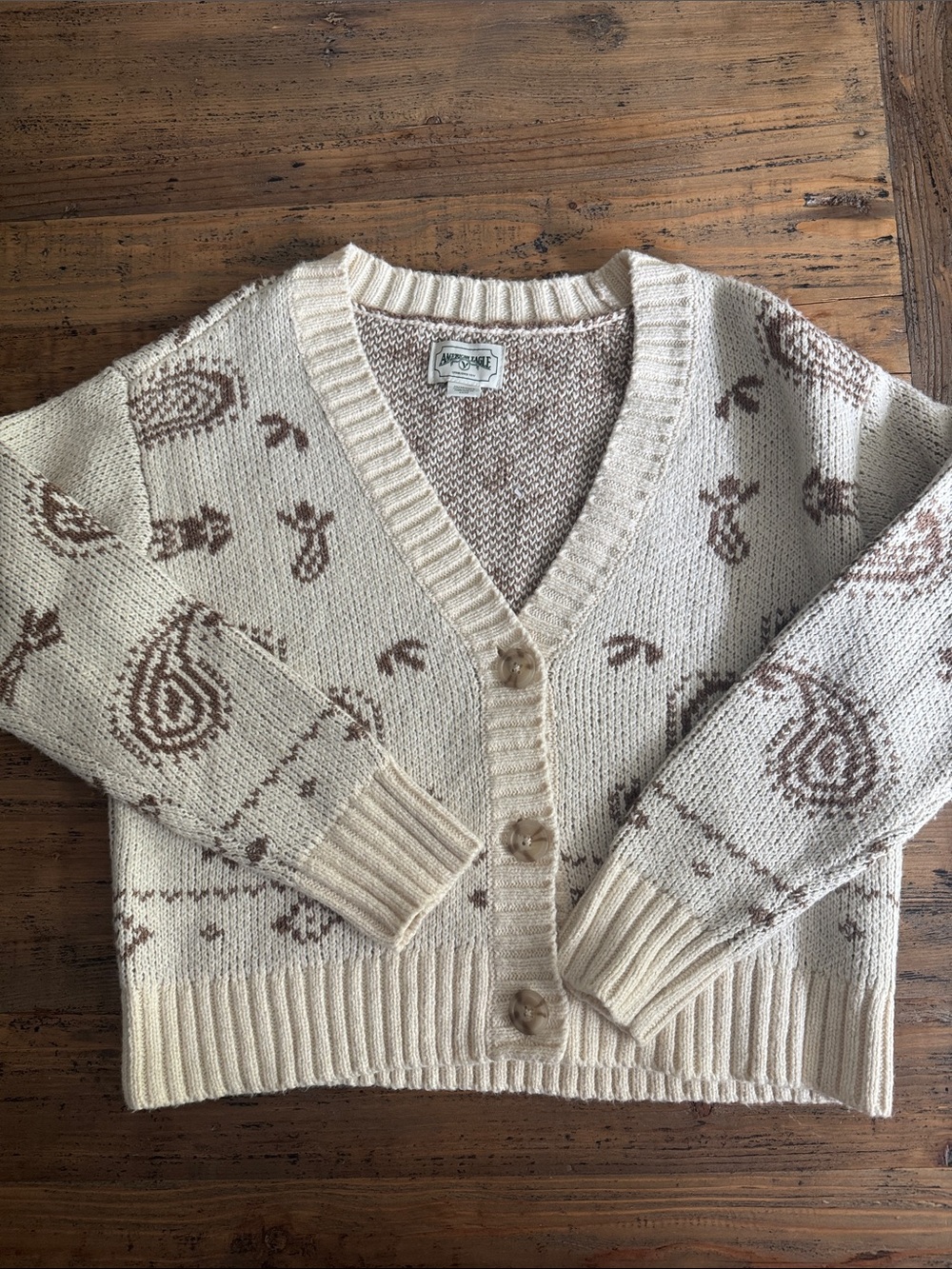 American Eagle Outfitters Cream Cardigan with Brown Paisley Motif